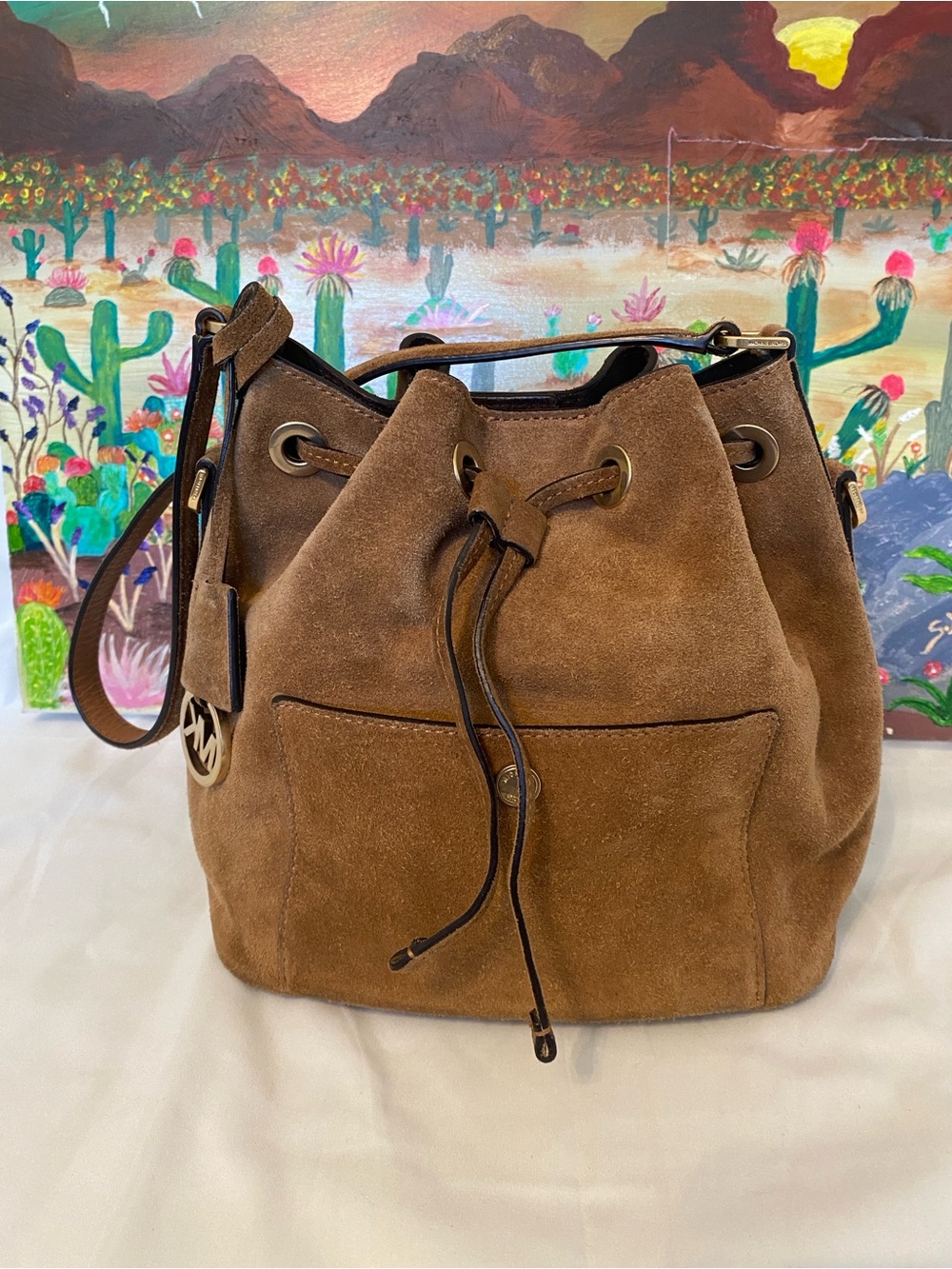 Michael Kors Brown Suede Greenwich Drawstring Hobo Bucket Bag, Med